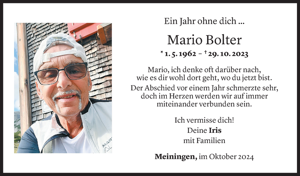  Todesanzeige für Mario Bolter vom 28.10.2024 aus Vorarlberger Nachrichten