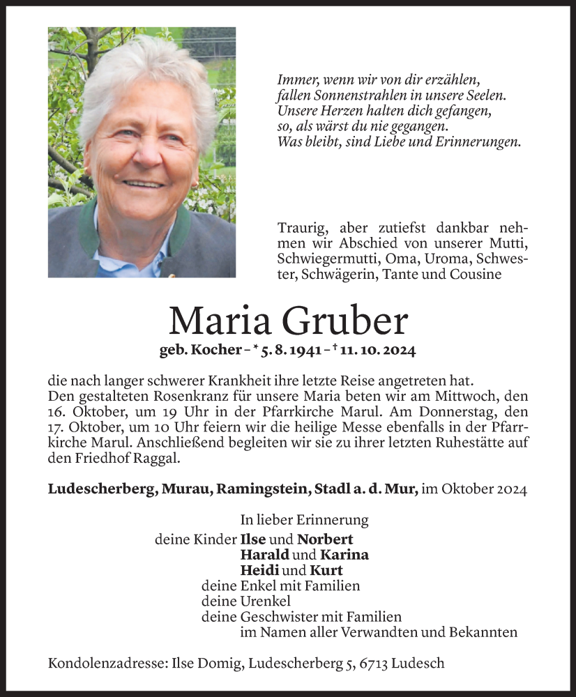  Todesanzeige für Maria Gruber vom 11.10.2024 aus Vorarlberger Nachrichten