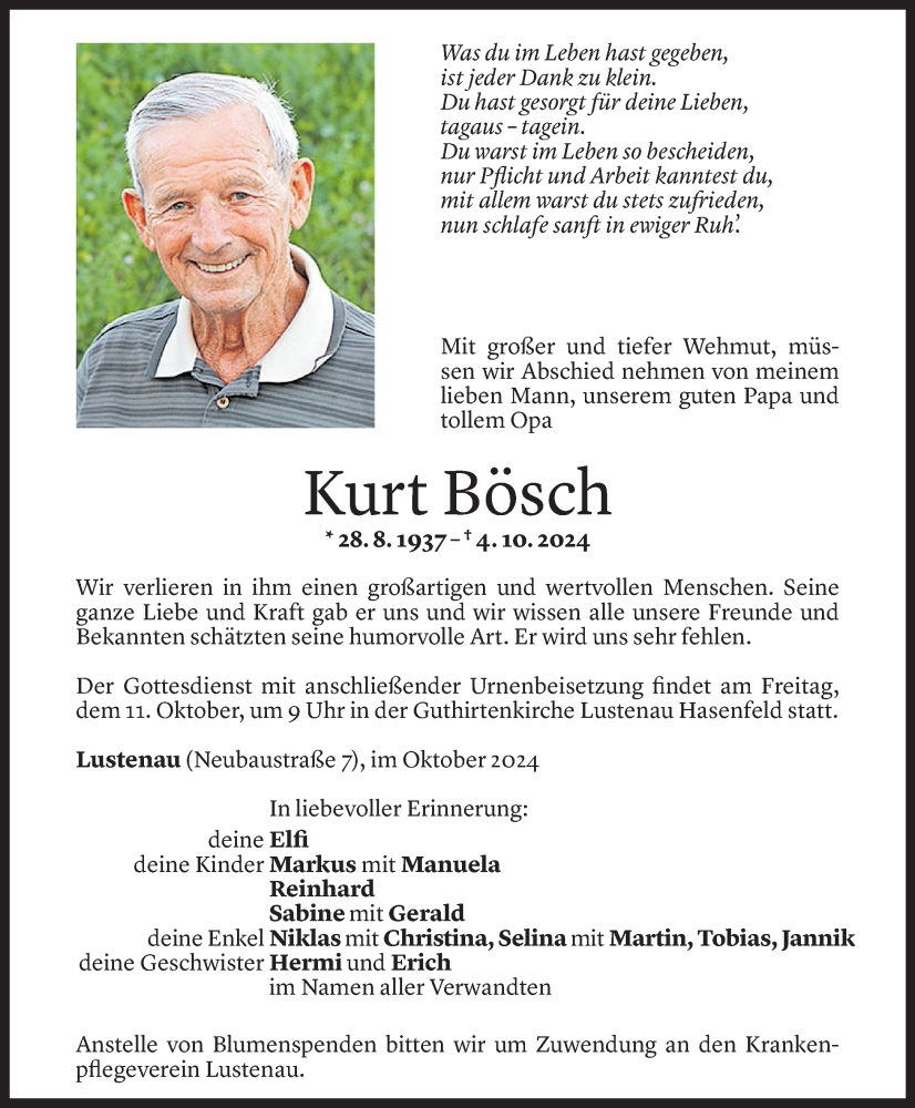  Todesanzeige für Kurt Bösch vom 08.10.2024 aus Vorarlberger Nachrichten