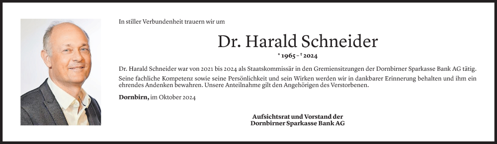  Todesanzeige für Harald Schneider vom 22.10.2024 aus Vorarlberger Nachrichten