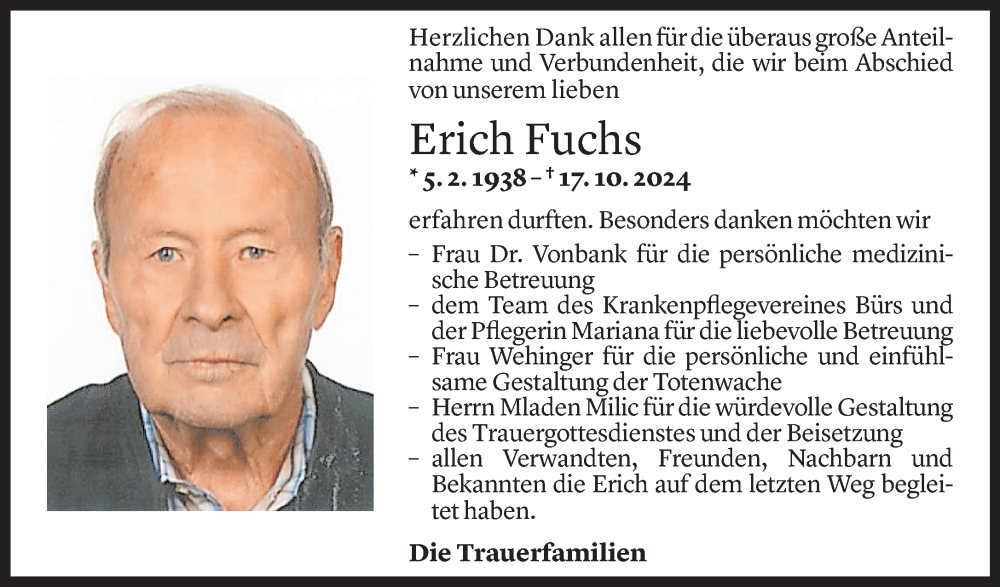  Todesanzeige für Erich Fuchs vom 01.11.2024 aus Vorarlberger Nachrichten