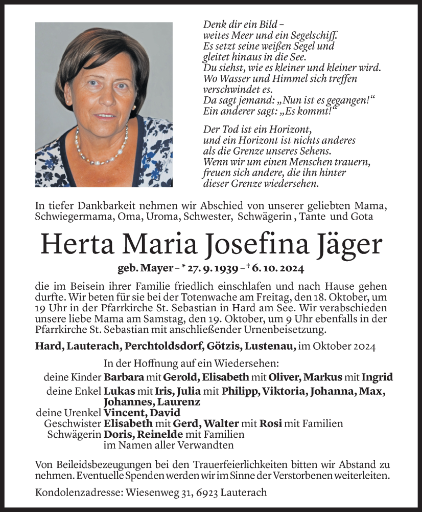  Todesanzeige für Herta Maria Josefina Jäger vom 11.10.2024 aus Vorarlberger Nachrichten