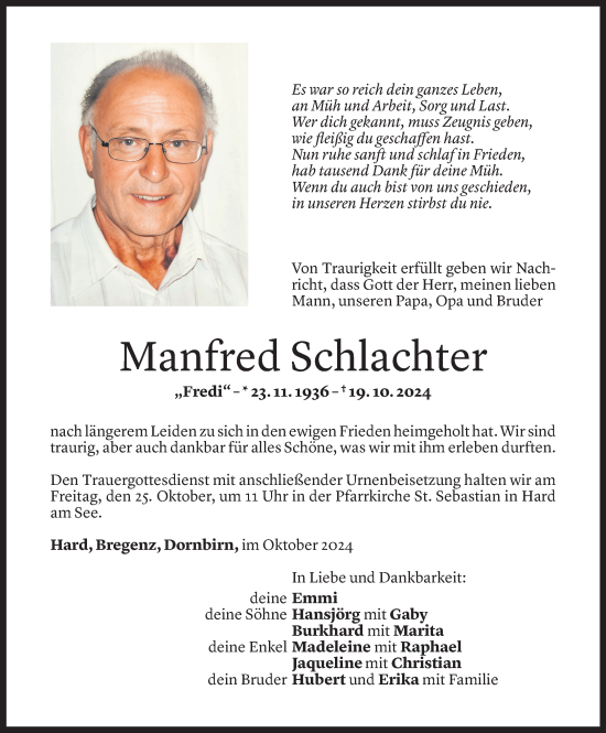 Todesanzeige von Manfred Schlachter von Vorarlberger Nachrichten