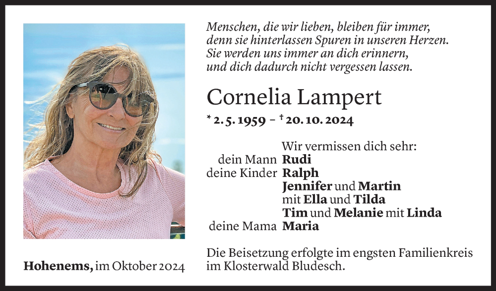  Todesanzeige für Cornelia Lampert vom 28.10.2024 aus Vorarlberger Nachrichten