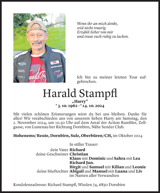 Todesanzeige von Harald Stampfl von Vorarlberger Nachrichten