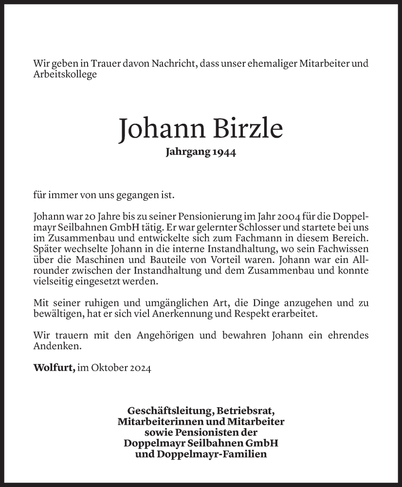  Todesanzeige für Johann Birzle vom 23.10.2024 aus Vorarlberger Nachrichten