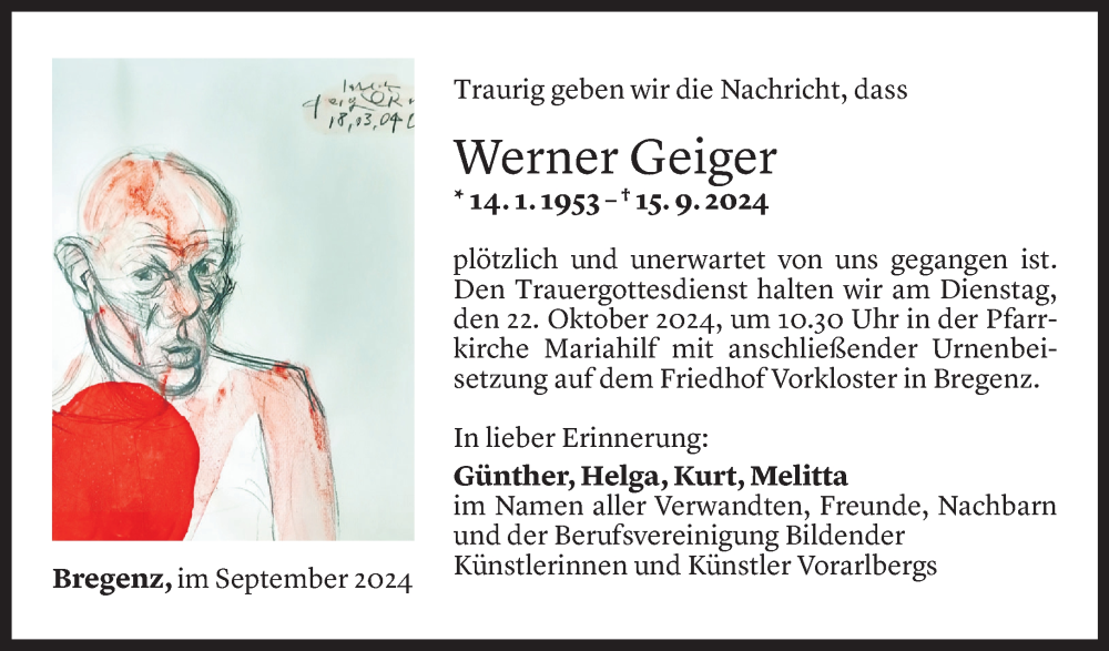  Todesanzeige für Werner Geiger vom 12.10.2024 aus Vorarlberger Nachrichten