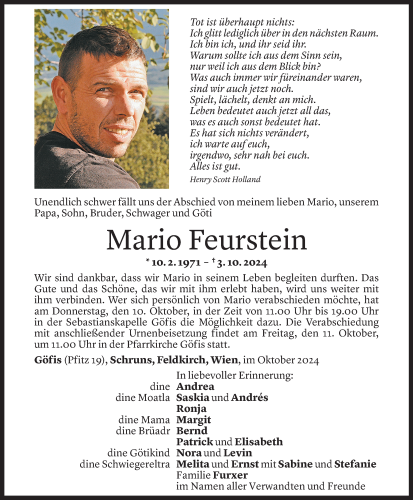  Todesanzeige für Mario Feurstein vom 08.10.2024 aus Vorarlberger Nachrichten