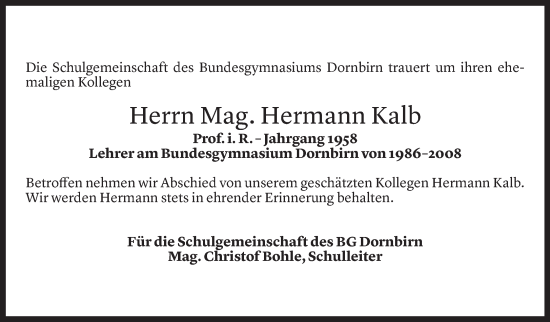 Todesanzeige von Hermann Kalb von Vorarlberger Nachrichten