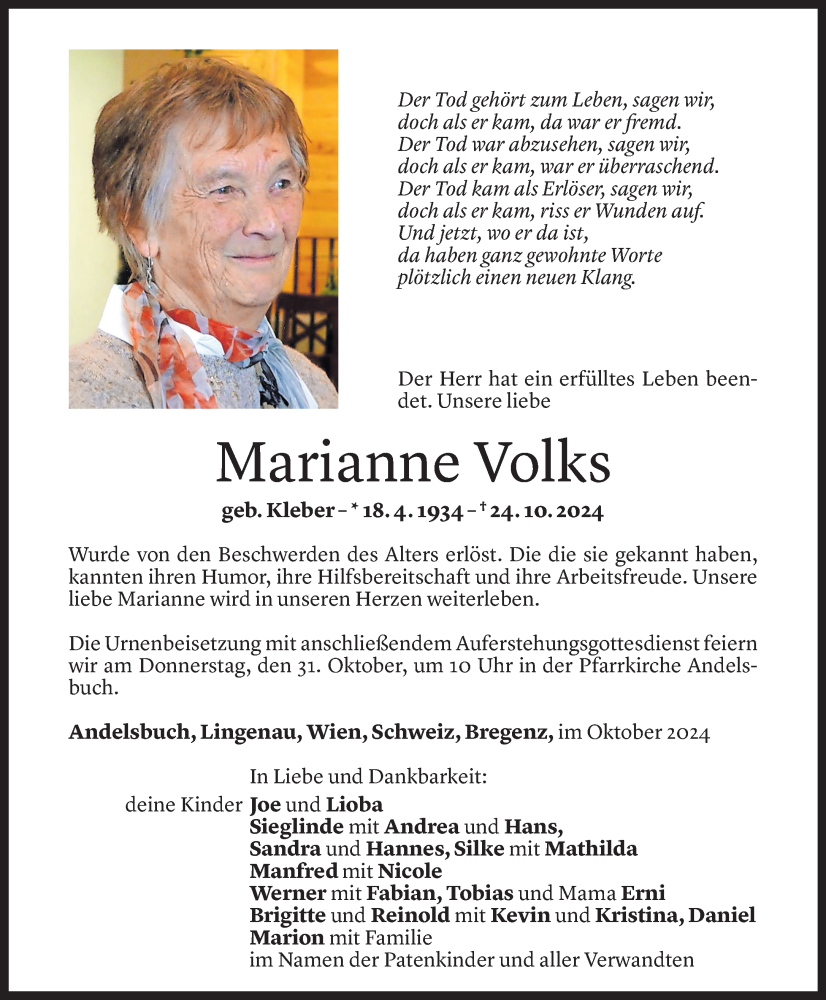  Todesanzeige für Marianne Volks vom 28.10.2024 aus Vorarlberger Nachrichten