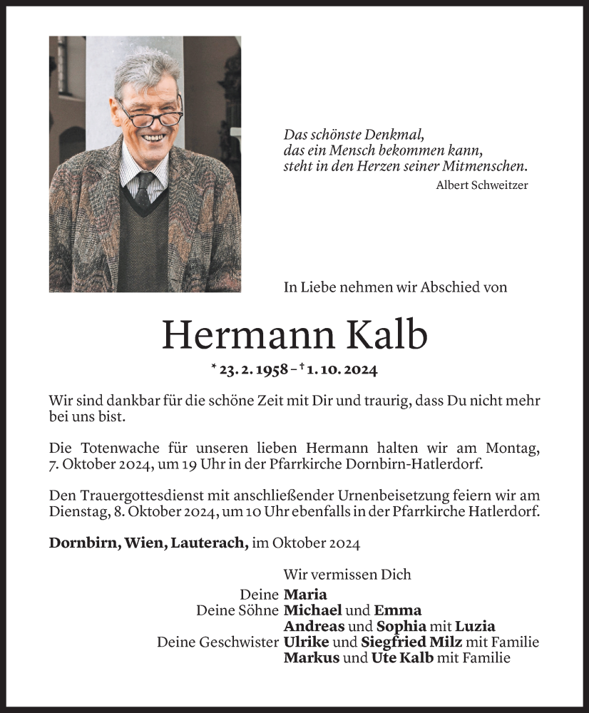  Todesanzeige für Hermann Kalb vom 04.10.2024 aus Vorarlberger Nachrichten