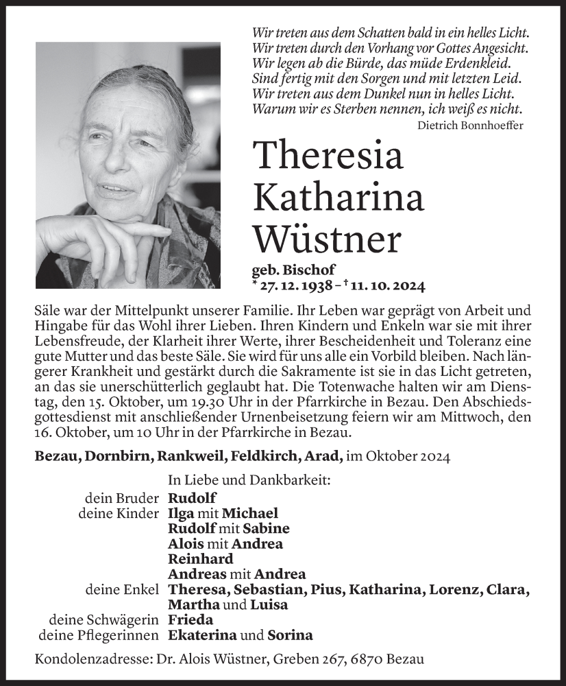  Todesanzeige für Theresia Katharina Wüstner vom 13.10.2024 aus Vorarlberger Nachrichten