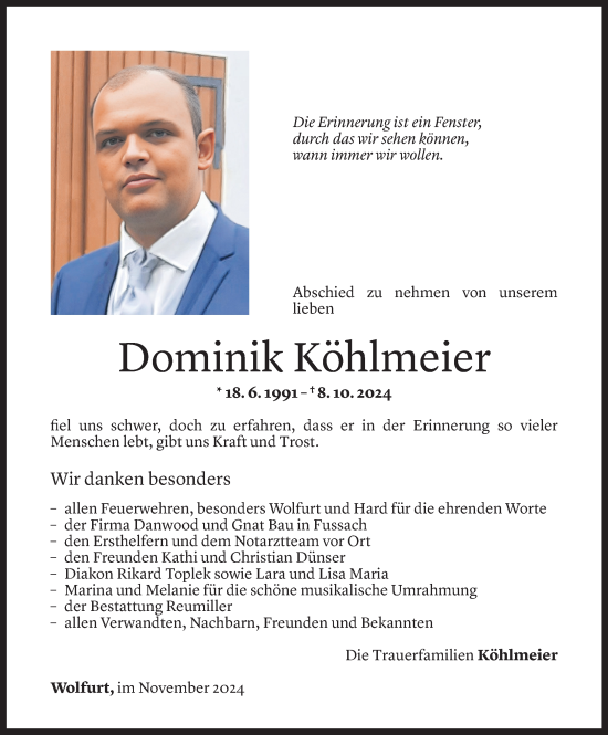 Todesanzeige von Dominik Köhlmeier von Vorarlberger Nachrichten