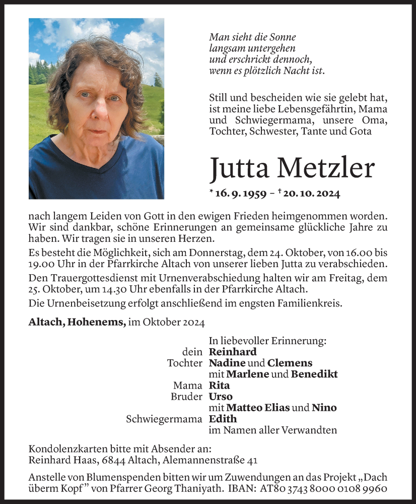  Todesanzeige für Jutta Metzler vom 21.10.2024 aus Vorarlberger Nachrichten