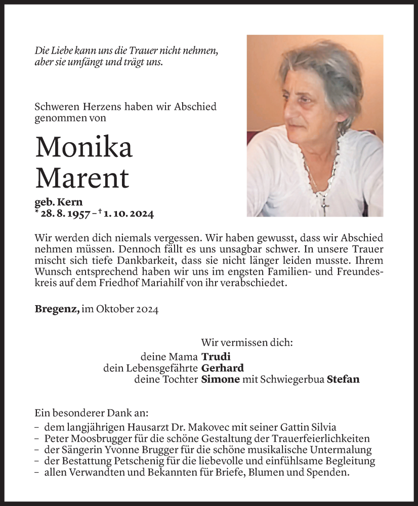  Todesanzeige für Monika Marent vom 14.10.2024 aus Vorarlberger Nachrichten