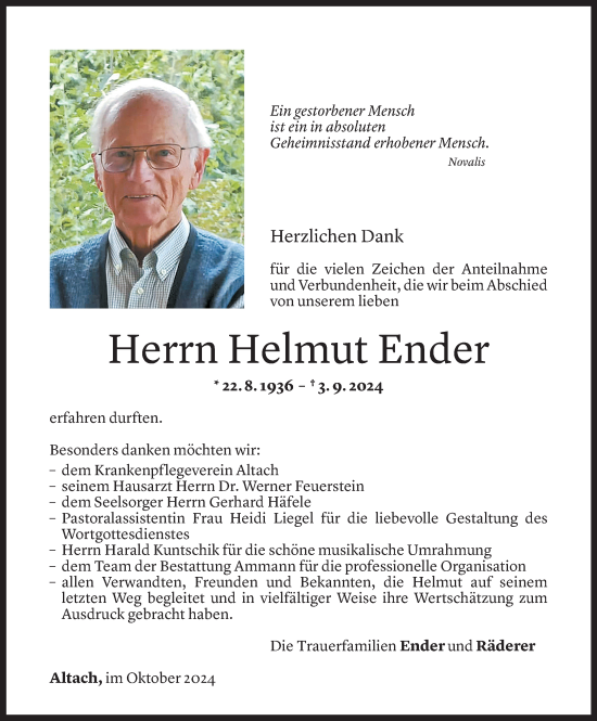 Todesanzeige von Helmut Ender von Vorarlberger Nachrichten