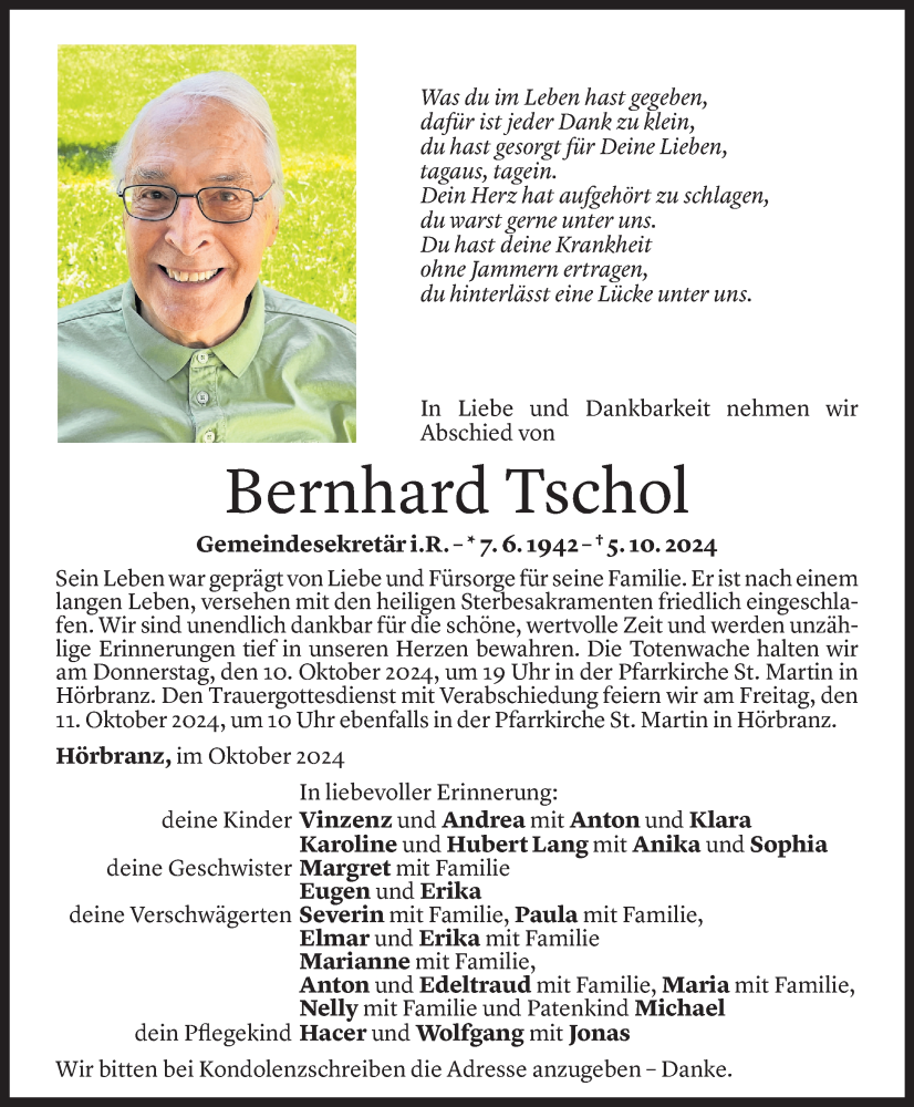  Todesanzeige für Bernhard Tschol vom 08.10.2024 aus Vorarlberger Nachrichten