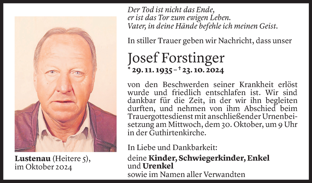  Todesanzeige für Josef Forstinger vom 24.10.2024 aus Vorarlberger Nachrichten