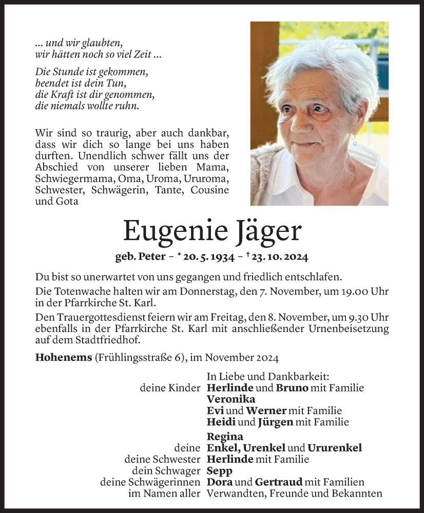  Todesanzeige für Eugenie Jäger vom 02.11.2024 aus Vorarlberger Nachrichten