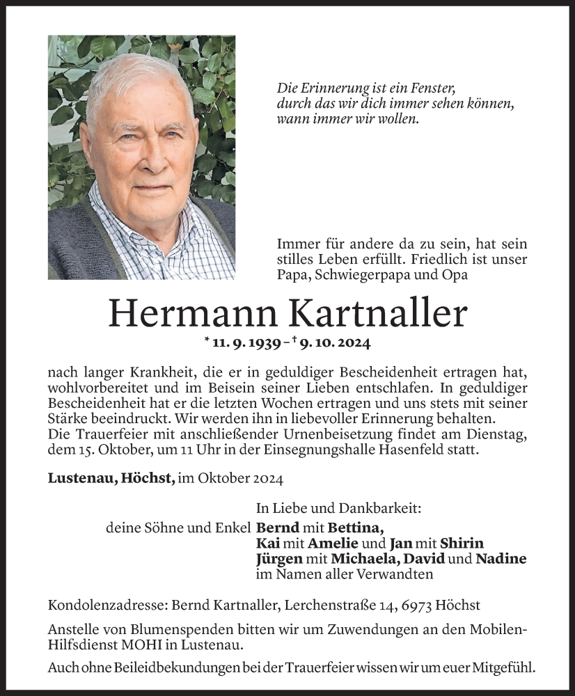  Todesanzeige für Hermann Kartnaller vom 11.10.2024 aus Vorarlberger Nachrichten