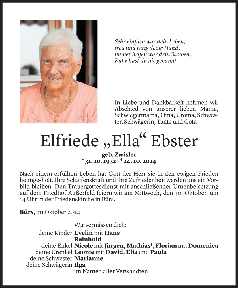  Todesanzeige für Elfriede Ebster vom 27.10.2024 aus Vorarlberger Nachrichten