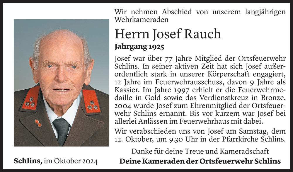  Todesanzeige für Josef Rauch vom 08.10.2024 aus Vorarlberger Nachrichten