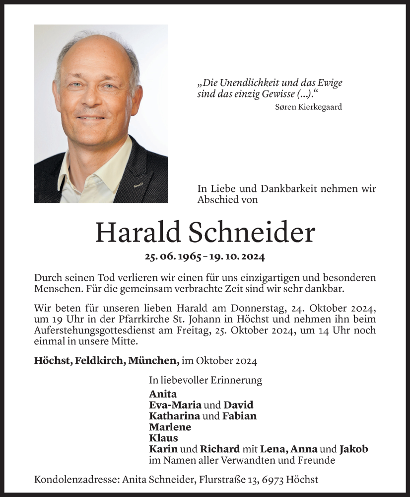  Todesanzeige für Harald Schneider vom 22.10.2024 aus Vorarlberger Nachrichten