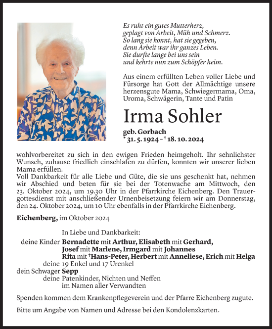 Todesanzeige von Irma Sohler von Vorarlberger Nachrichten