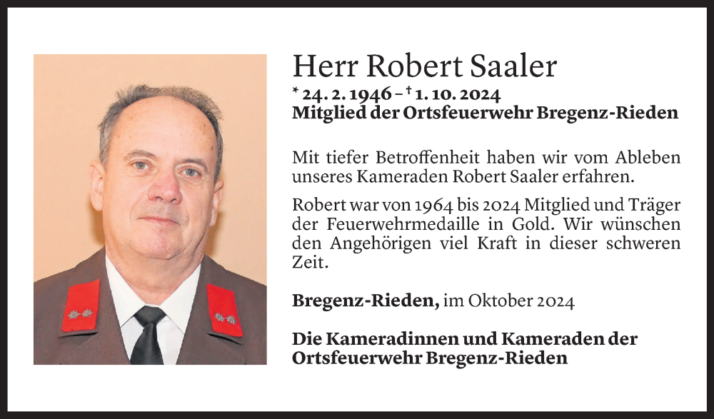  Todesanzeige für Robert Saaler vom 08.10.2024 aus Vorarlberger Nachrichten