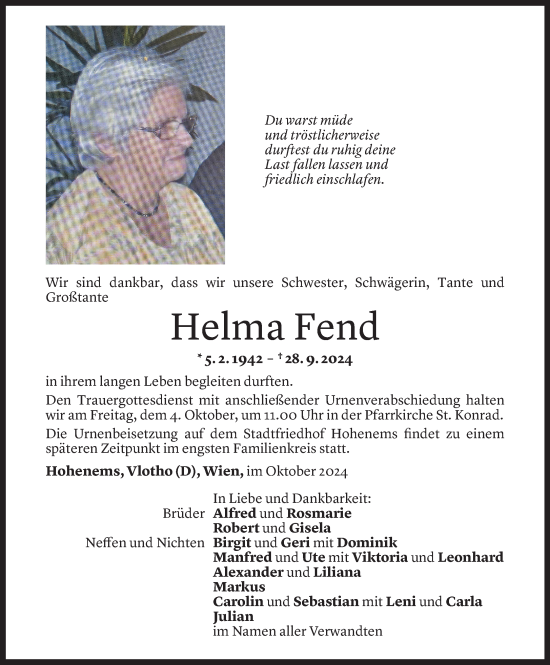 Todesanzeige von Helma Fend von Vorarlberger Nachrichten