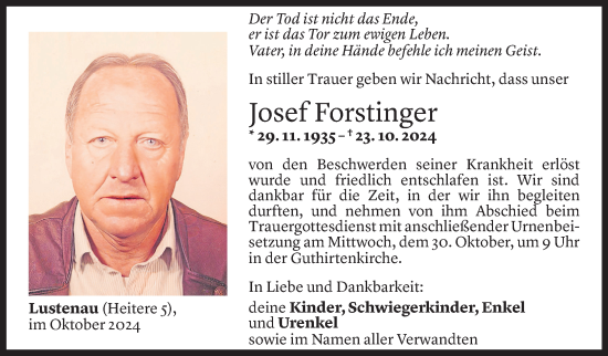 Todesanzeige von Josef Forstinger von Vorarlberger Nachrichten