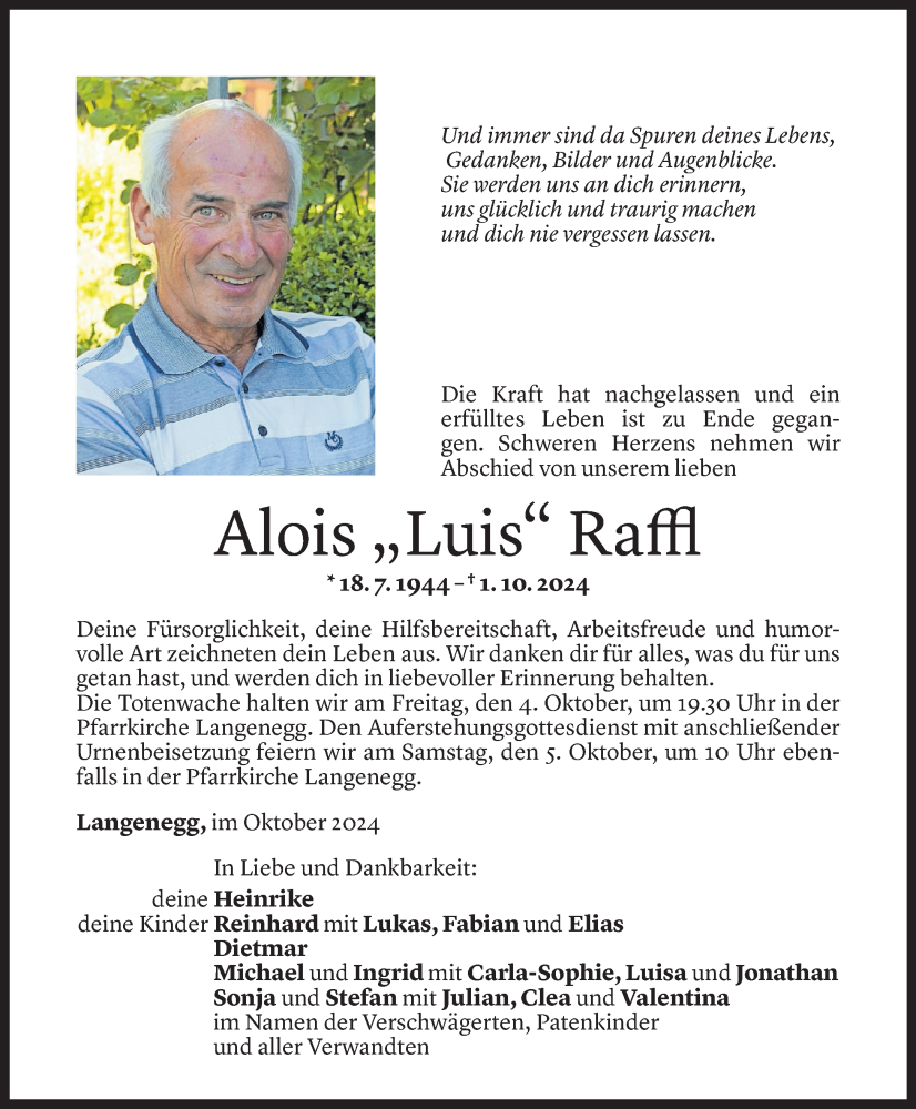  Todesanzeige für Alois Raffl vom 03.10.2024 aus Vorarlberger Nachrichten