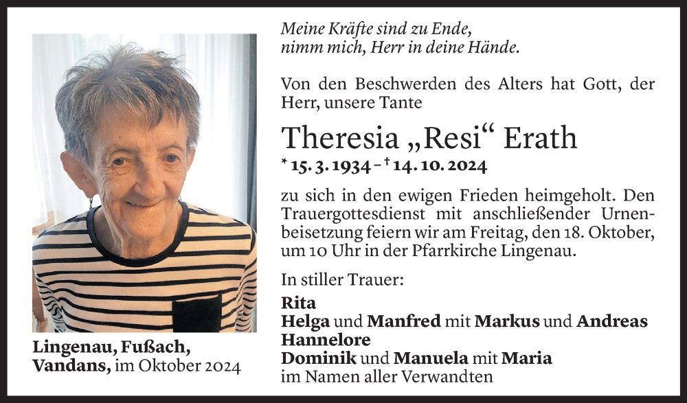  Todesanzeige für Theresia Erath vom 15.10.2024 aus Vorarlberger Nachrichten