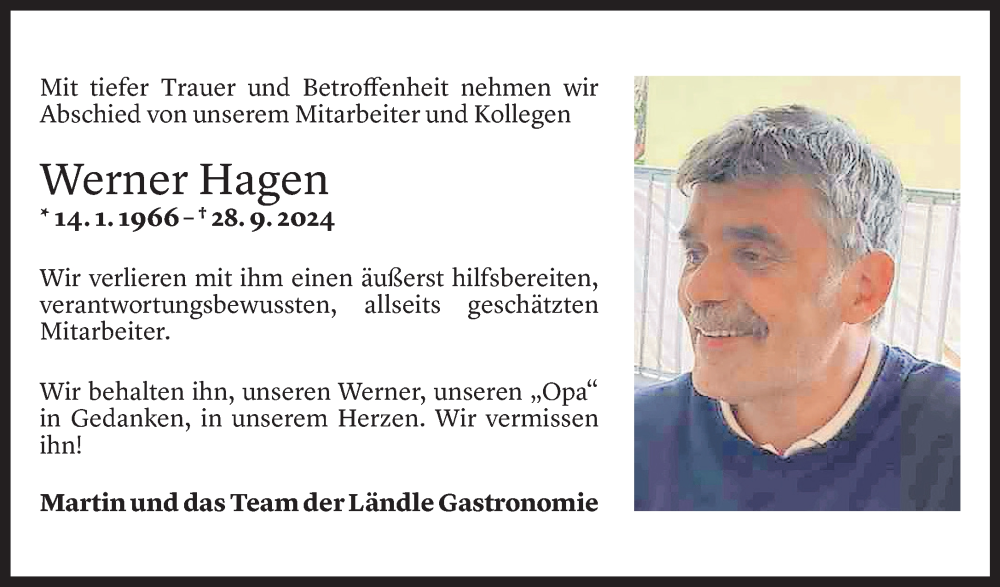  Todesanzeige für Werner Hagen vom 04.10.2024 aus Vorarlberger Nachrichten