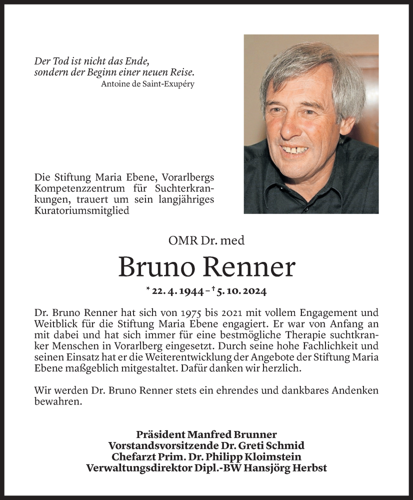  Todesanzeige für Bruno Renner vom 12.10.2024 aus Vorarlberger Nachrichten