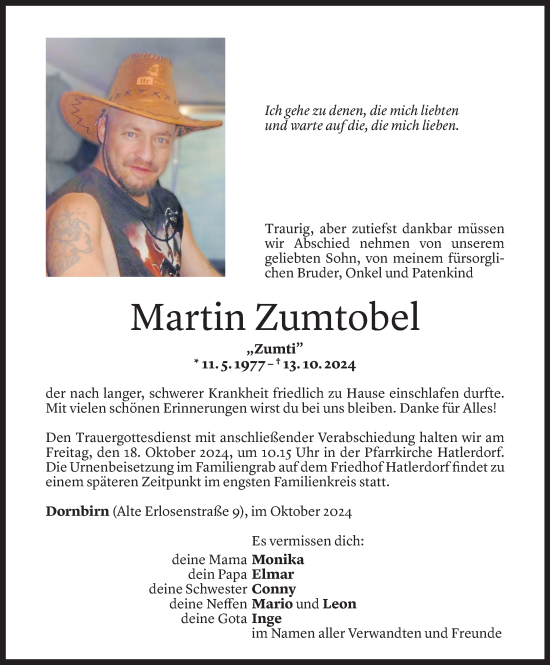 Todesanzeige von Martin Zumtobel von Vorarlberger Nachrichten