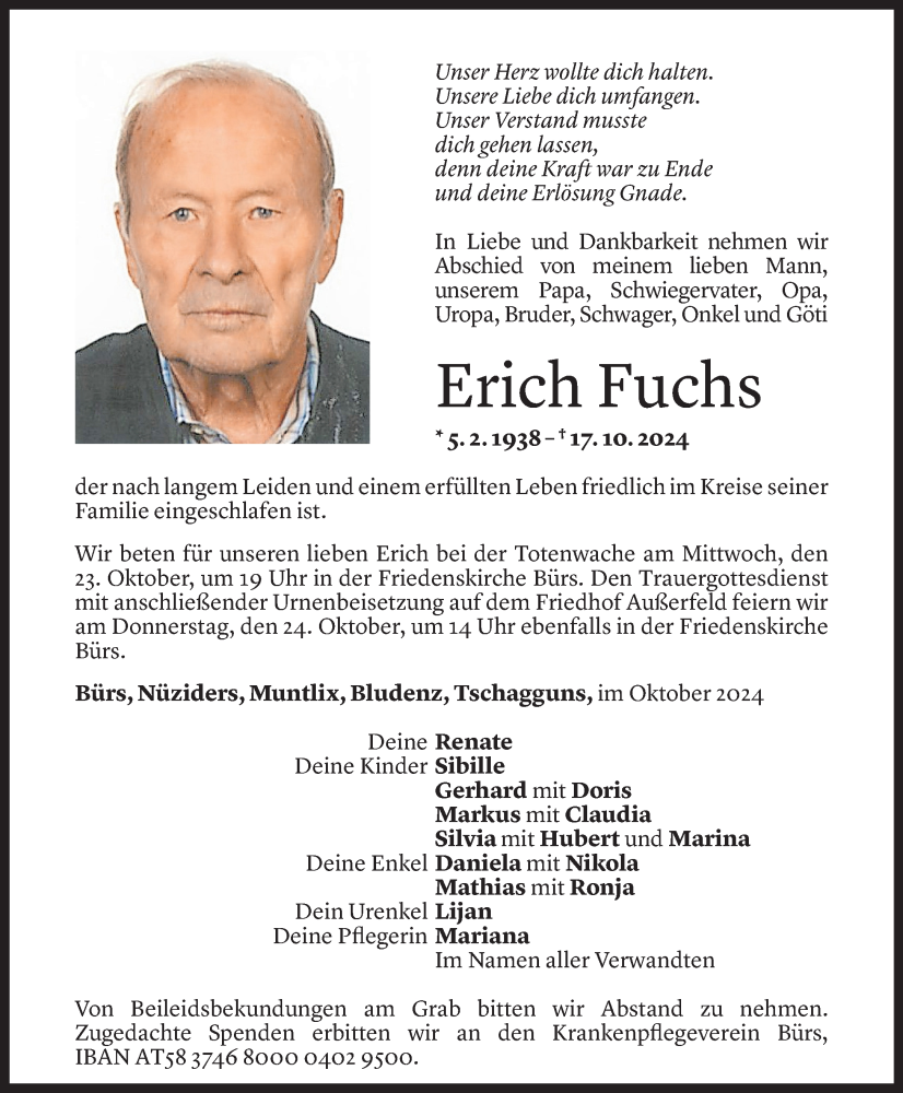  Todesanzeige für Erich Fuchs vom 20.10.2024 aus Vorarlberger Nachrichten