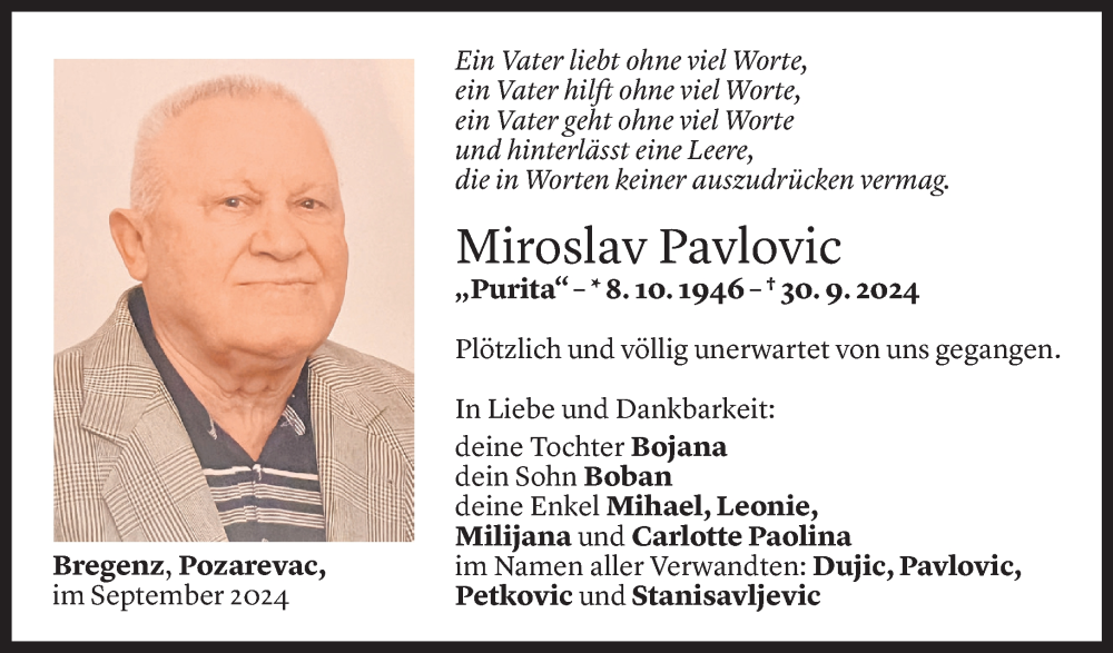  Todesanzeige für Miroslav Pavlovic vom 12.10.2024 aus Vorarlberger Nachrichten