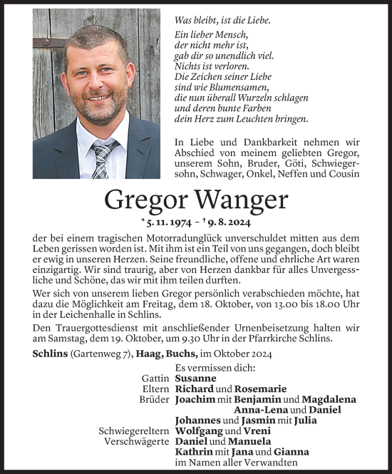 Todesanzeige von Gregor Wanger von Vorarlberger Nachrichten