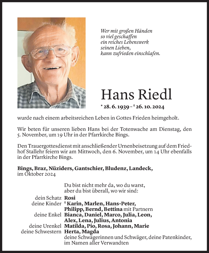  Todesanzeige für Hans Riedl vom 01.11.2024 aus Vorarlberger Nachrichten