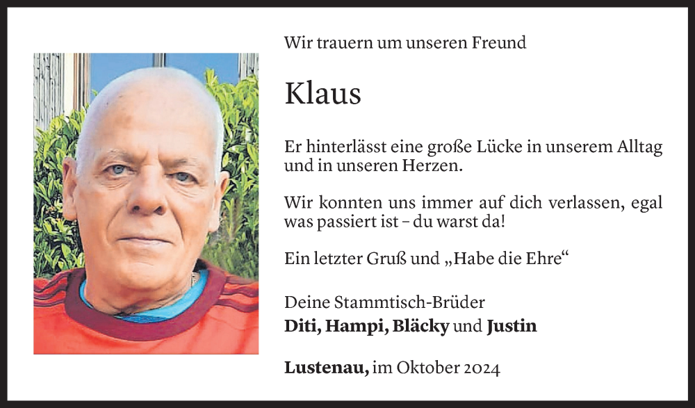  Todesanzeige für Klaus Schlichtling vom 02.10.2024 aus Vorarlberger Nachrichten