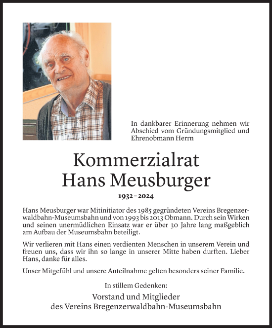 Todesanzeige von Hans Meusburger von Vorarlberger Nachrichten