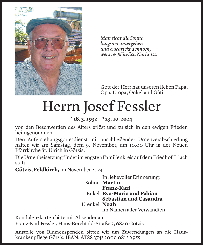  Todesanzeige für Josef Fessler vom 06.11.2024 aus Vorarlberger Nachrichten