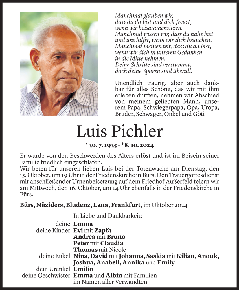  Todesanzeige für Luis Pichler vom 12.10.2024 aus Vorarlberger Nachrichten