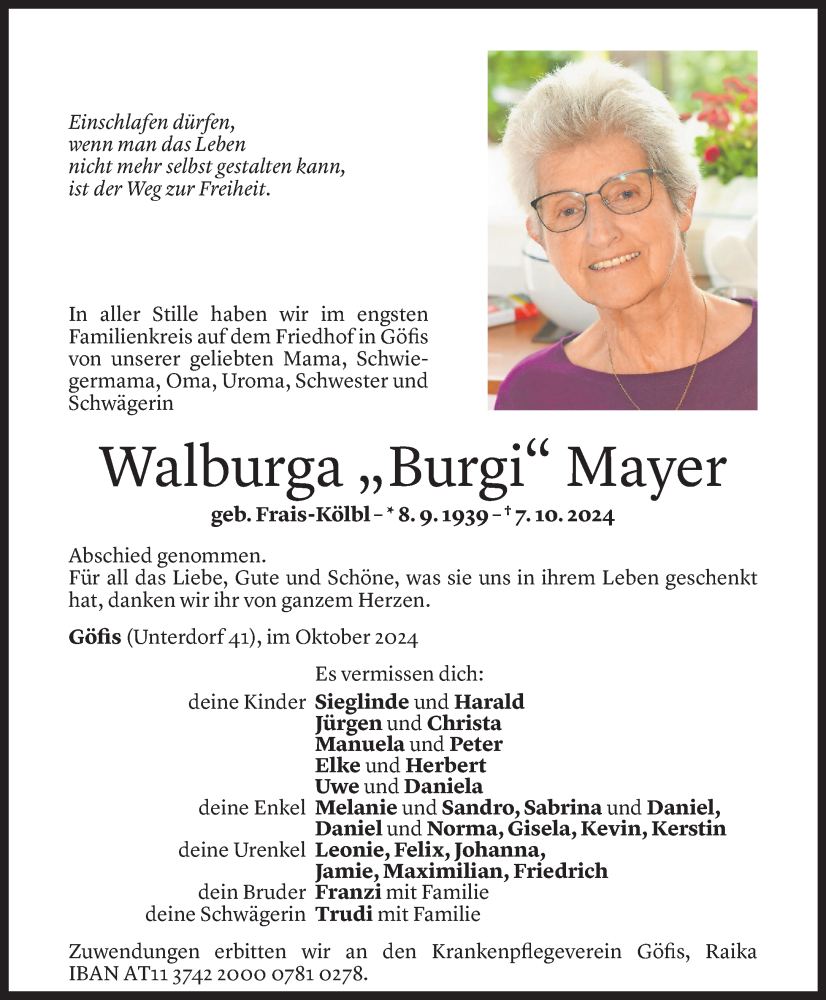  Todesanzeige für Walburga Mayer vom 12.10.2024 aus Vorarlberger Nachrichten