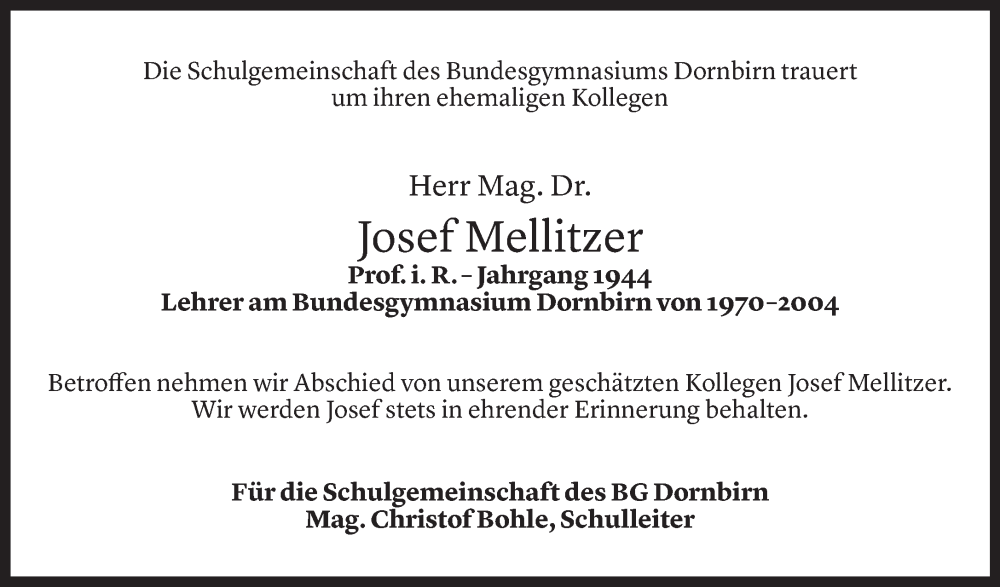  Todesanzeige für Josef Mellitzer vom 12.10.2024 aus Vorarlberger Nachrichten