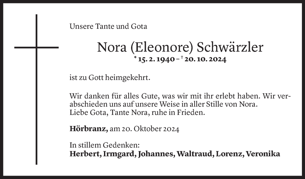  Todesanzeige für Nora Schwärzler vom 28.10.2024 aus Vorarlberger Nachrichten