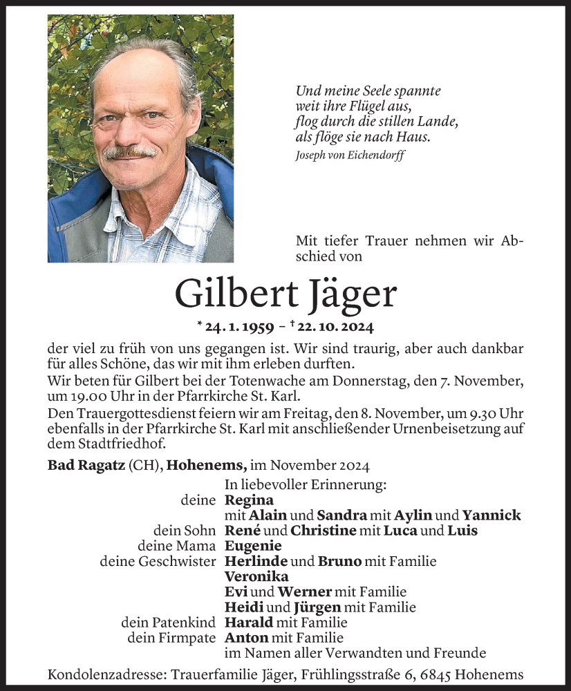  Todesanzeige für Gilbert Jäger vom 02.11.2024 aus Vorarlberger Nachrichten