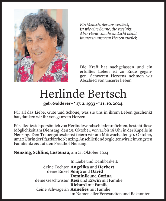 Todesanzeige von Herlinde Bertsch von Vorarlberger Nachrichten