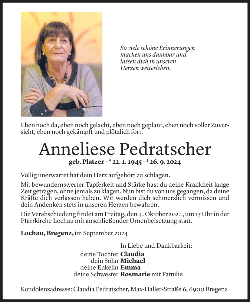  Todesanzeige für Anneliese Pedratscher vom 02.10.2024 aus Vorarlberger Nachrichten